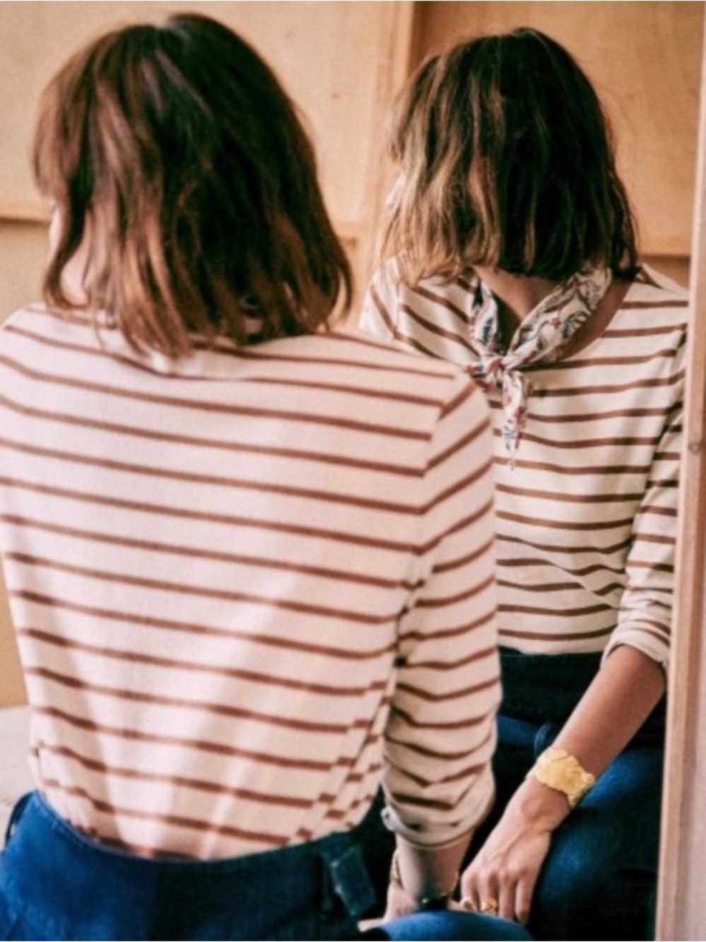 Sezane Colette Mariniere Stripe Breton Top Ecru/Camel Size M 🍂🍁🍂 - Picture 11 of 12